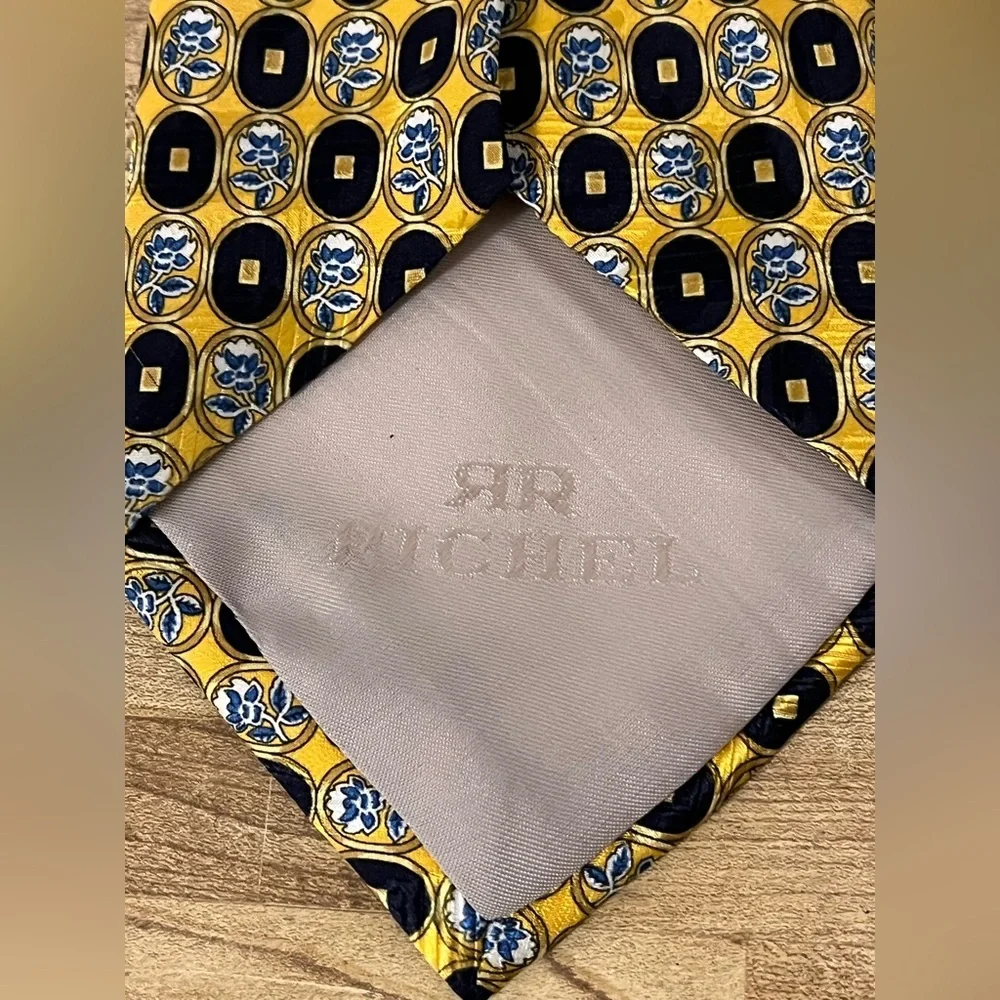 Richel Yellow Blue White 100% Silk Made In Spain Classic Long Tie
